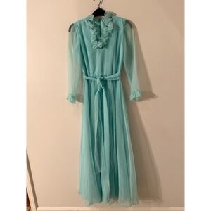 Vintage robins egg Blue Ruffle Neck Dress Long Sleeve Belted Formal Gown XS-S